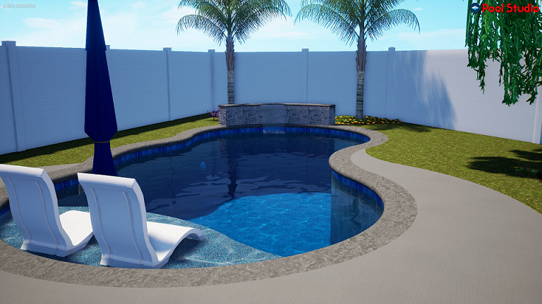 Rendering of a freeform shaped pool with steps, raised bond beam, and a sheer descent water feature, viewed from the patio