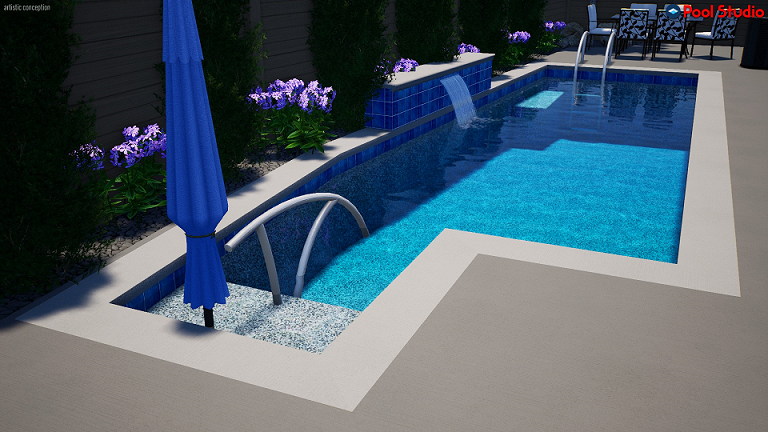 Rendering of a small custom shaped pool with bumped out steps, handrail, raised wall with sheer descent water feature and deep end ladder