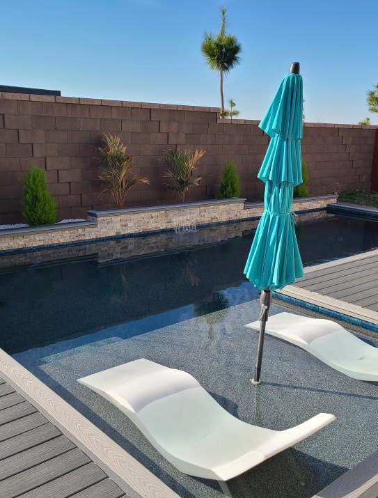 Custom gunite pool with raised spa and decorative stone surround