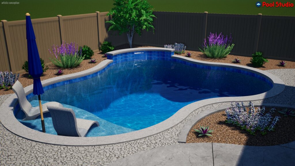 Rendering of freeform shaped pool 400 square feet on a corner lot with raised bond beam and a 24 inch sheer descent water feature