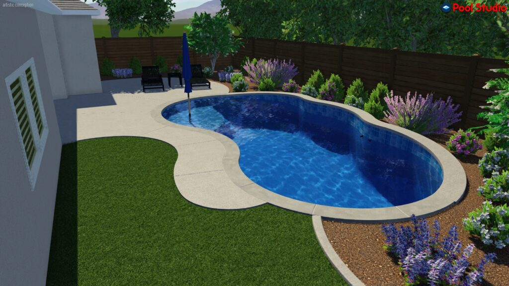 Rendering of freeform shaped pool 400 square feet with a raised bond beam
