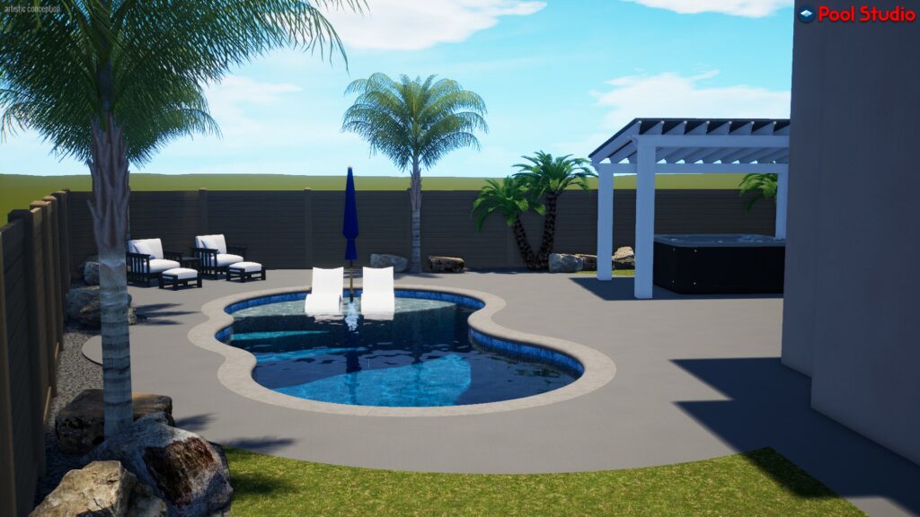 Rendering of freeform shaped pool 480 square feet with a natural stone surround