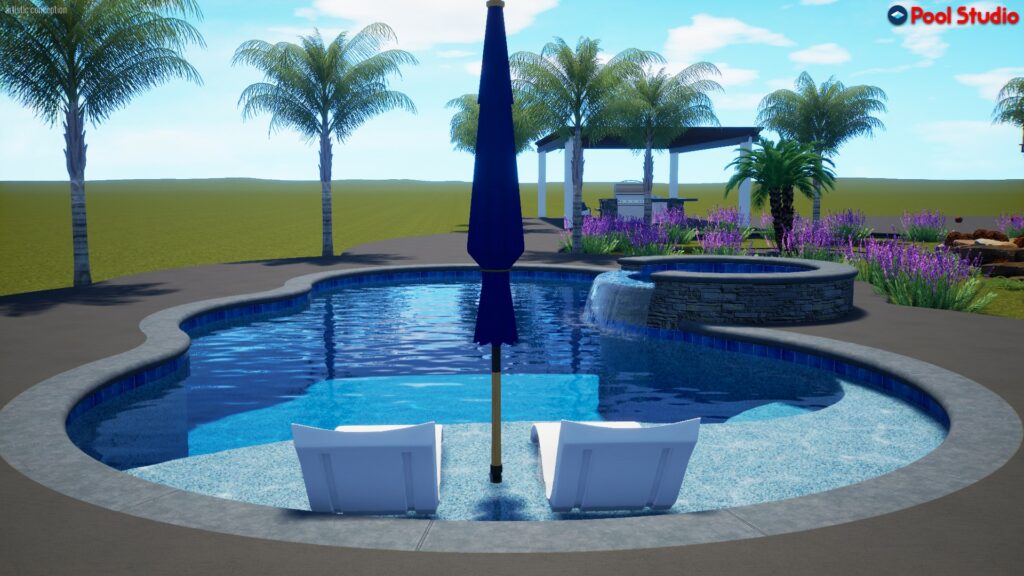 Rendering of freeform shaped pool 600 square feet, 103 linear feet with a raised spa