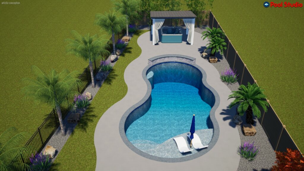 Rendering of freeform shaped pool 650 square feet, 105 linear feet with a 10 by 18 tanning ledger, raised bond beam, 36 inch sheer descent water feature, and 8 foot deep end, viewed from a side angle