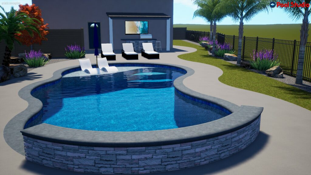 Rendering of freeform shaped pool 650 square feet, 105 linear feet with a 10 by 18 tanning ledger, raised bond beam, 36 inch sheer descent water feature, and 8 foot deep end