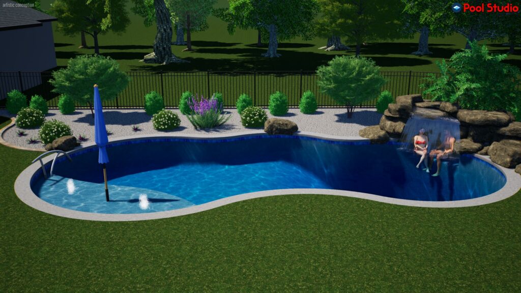 Rendering of freeform shaped pool 600 square feet with a natural rock waterfall feature