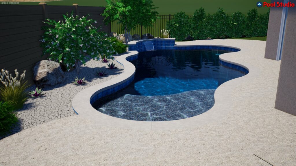 Rendering of freeform shaped pool 350 square feet, 85 linear feet with a raised bond beam and 24 inch sheer descent water feature