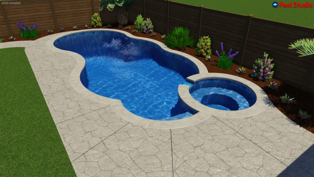 Rendering of freeform shaped pool 400 square feet with a bumped out spa