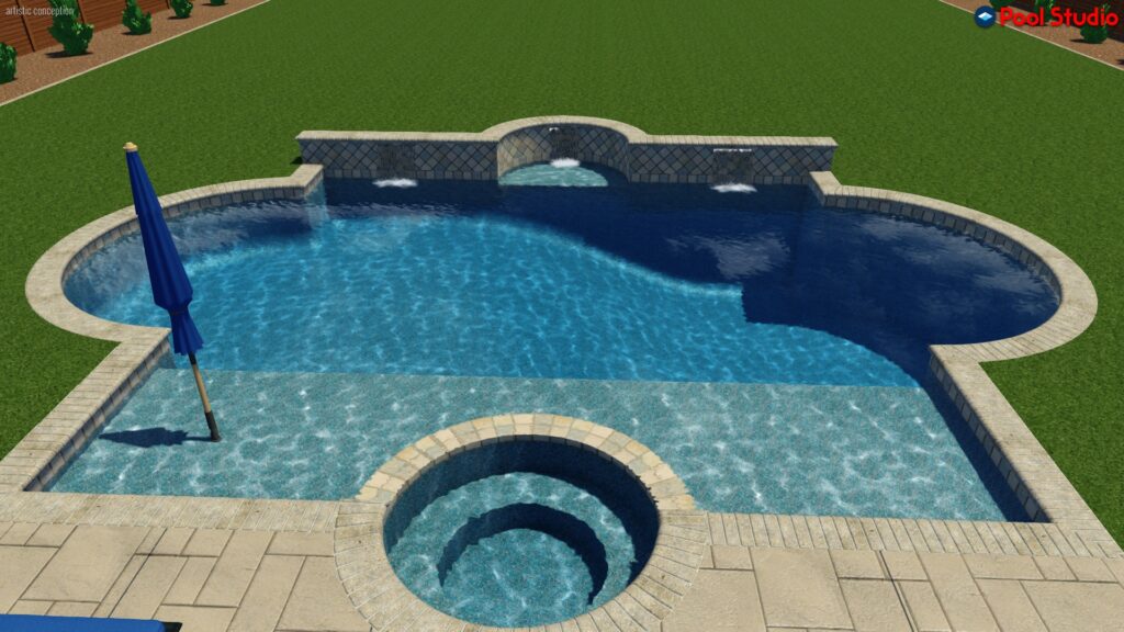 Grecian 800 SF with large Cabo shelf and Romman spa rendering