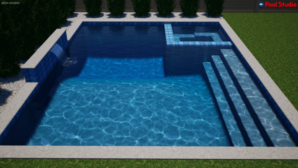 Rendering of rectangular shaped pool 520 square feet with long steps, spa and raised wall with a sheer descent water feature