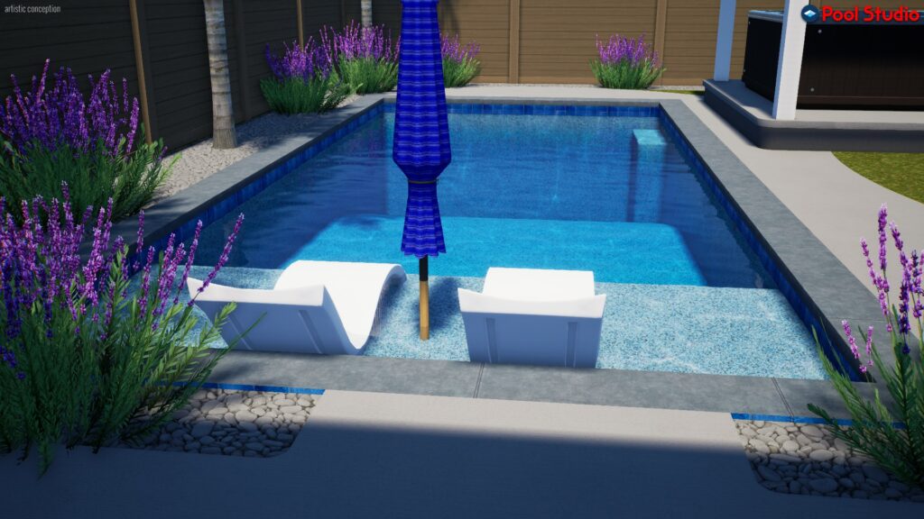 Rendering of rectangular shaped pool 405 square feet / 87 perimeter with a Cabo shelf and hot tub under a pergola, side view