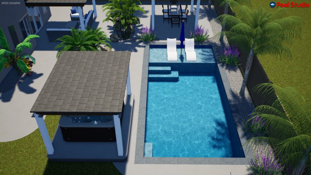 Rendering of rectangular shaped pool 405 square feet / 87 perimeter with a Cabo shelf and hot tub under a pergola