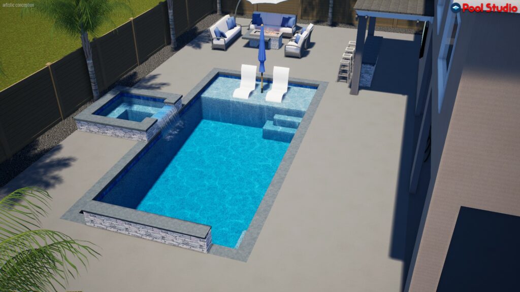 Rendering of rectangular shaped pool 405 square feet with a raised spa, Cabo shelf and raised wall