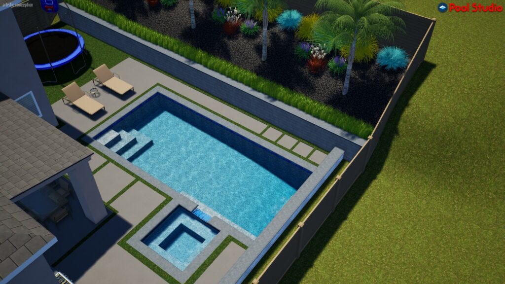 Rendering of rectangular shaped pool 405 square feet with a bumped out spa and concrete with turf inbetween