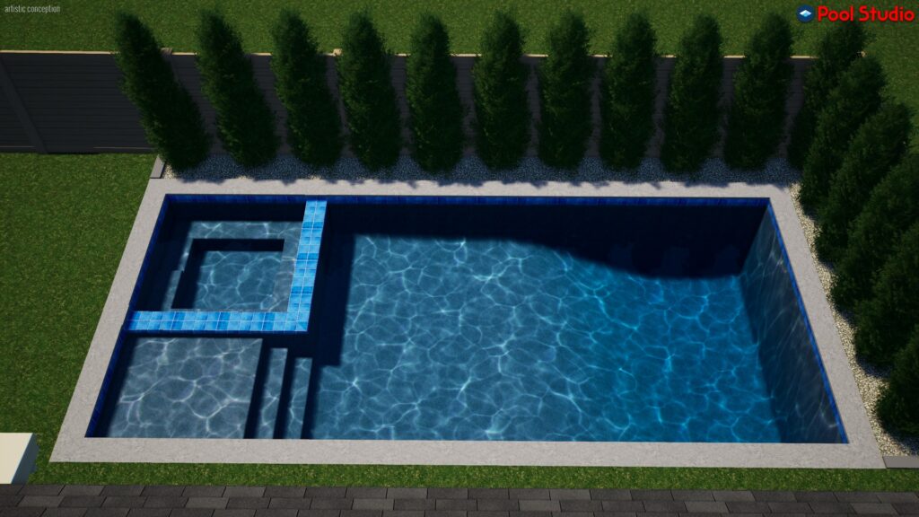 Rendering of rectangular shaped pool 408 square feet with a Cabo shelf and spa