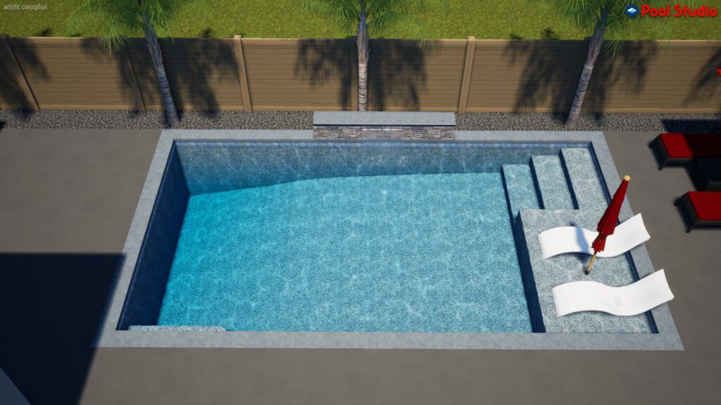 Rendering of rectangular shaped pool 480 square feet / 92 perimeter with a Cabo shelf and raised wall with a sheer descent water feature