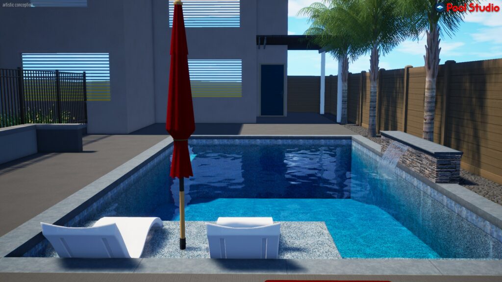 Rendering of rectangular shaped pool 480 square feet / 92 perimeter with a Cabo shelf and raised wall with a sheer descent water feature