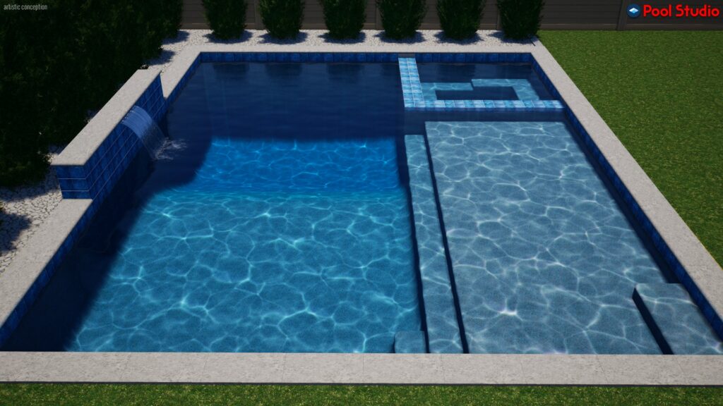 Rendering of rectangular shaped pool 520 square feet with huge Cabo shelf, spa and raised wall with a sheer descent water feature