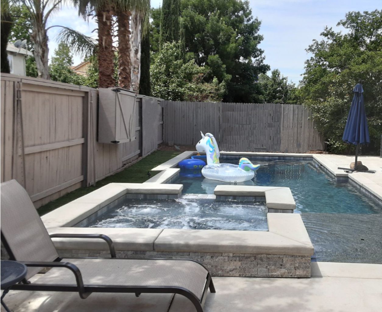 Rectangular shaped pool approx. 400 square feet with raised spa with two spillovers and large unicorn pool float.