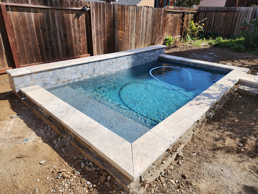 Small Rectangular Pool Raised Tiled Bond Beam and Stone Coping