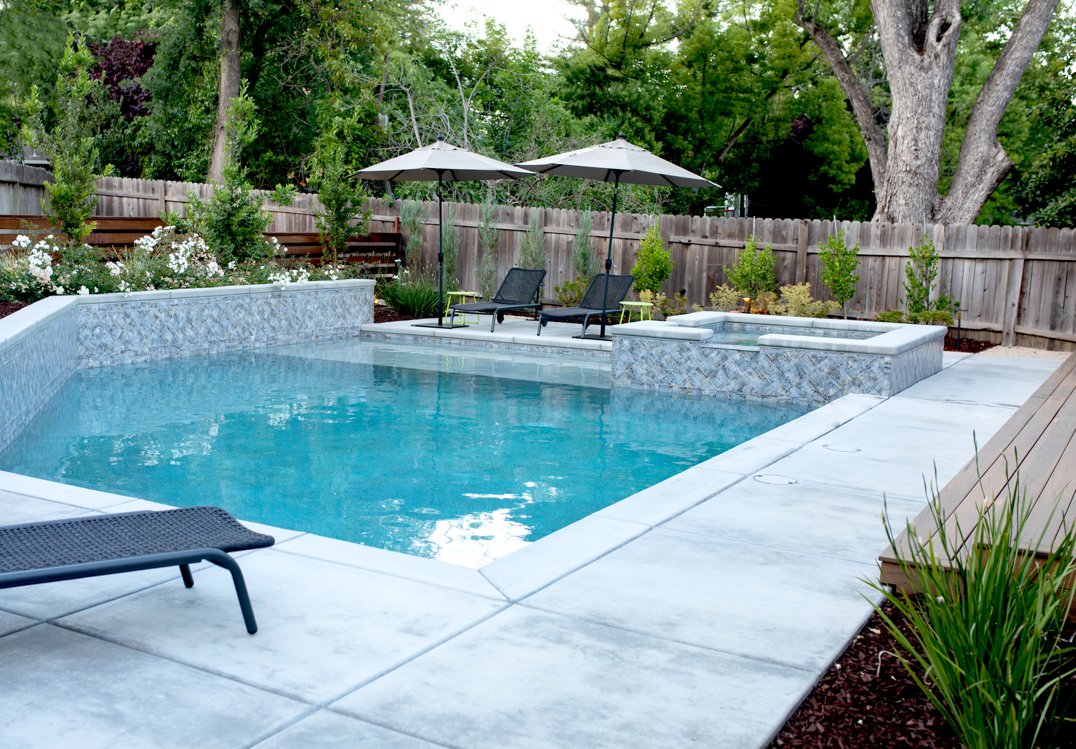 Custom shaped pool with Cabo shelf and raised spa in Sacramento