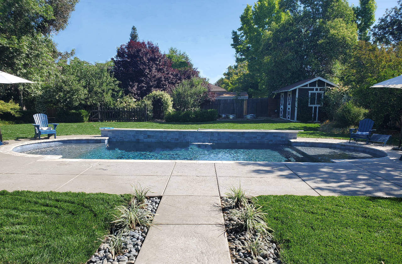 Grecian shaped pool with raised wall with sheer descent and two large Cabo shelves with large grassy area.