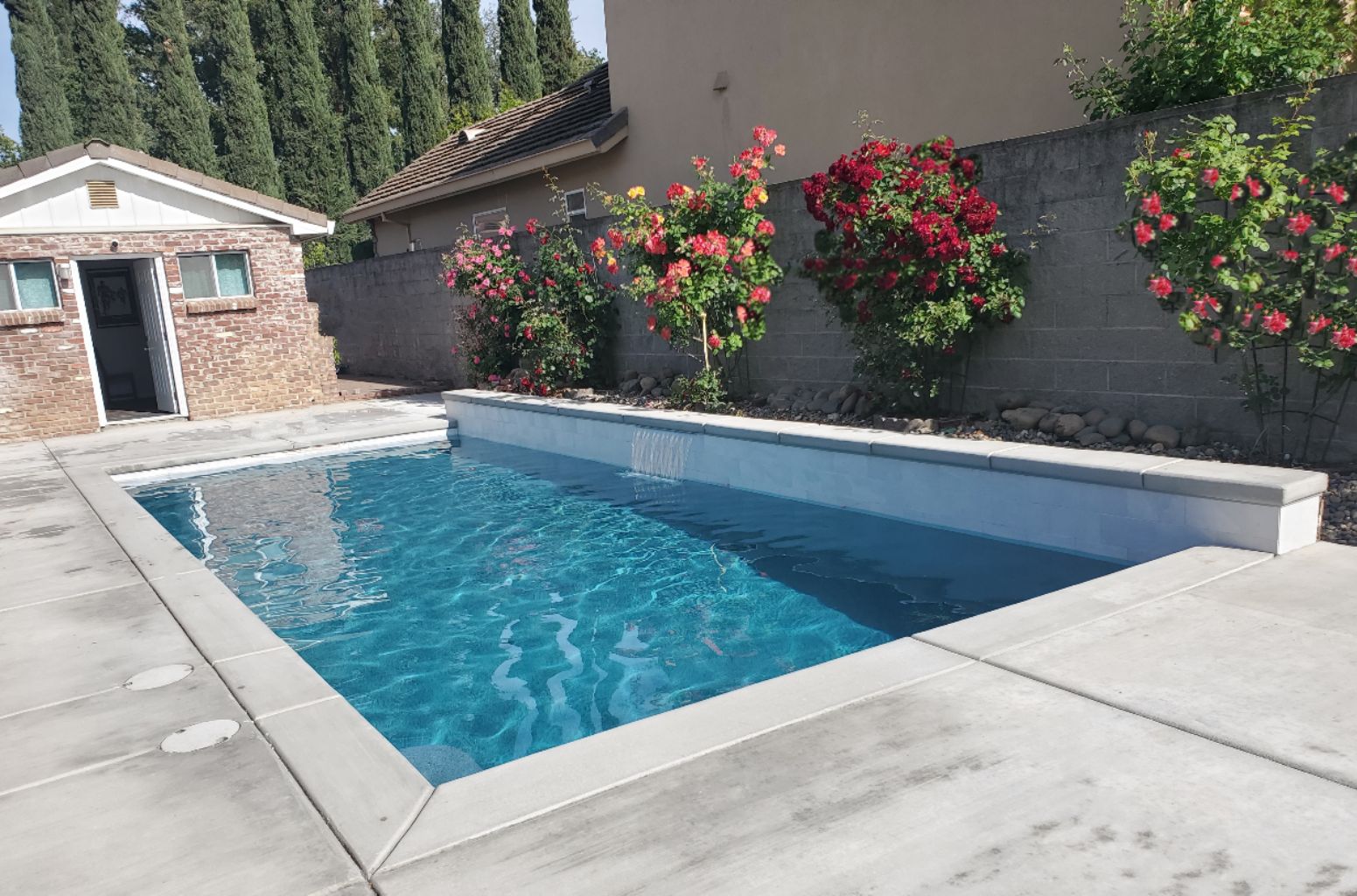 Rectangular shaped pool with a white tile faced raised wall with one sheer descent water feature and rose bushes in the planter.