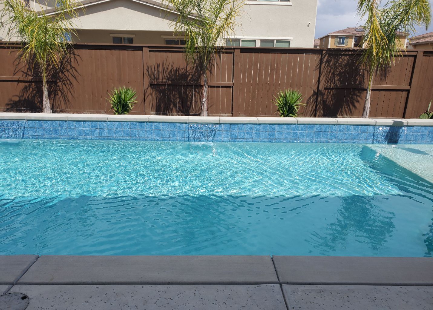 Rectangular shaped pool with a blue tile faced raised wall with three sheer descent water features and palm trees in the planter.