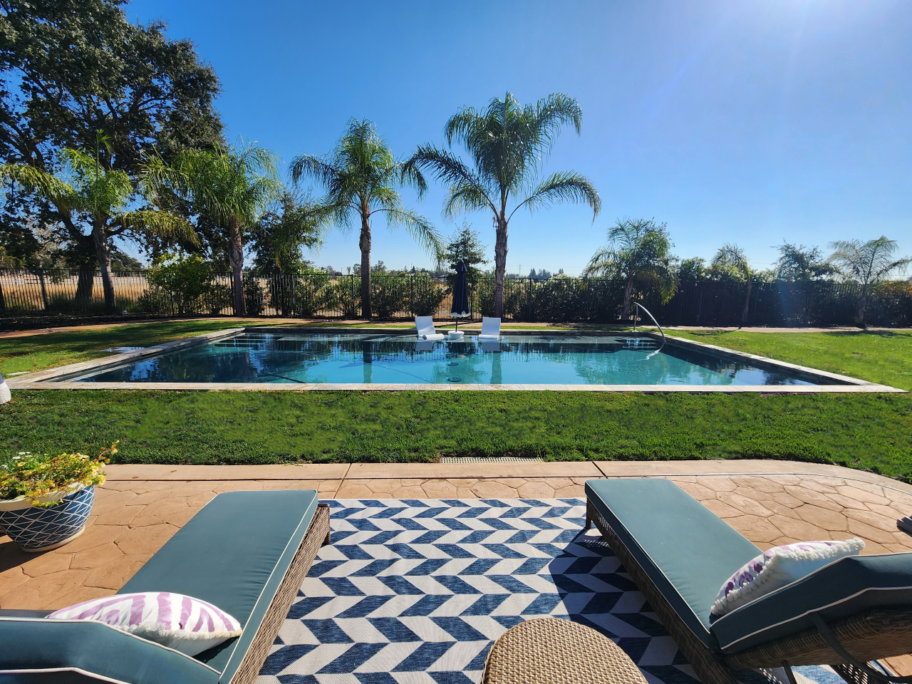 Rectangular shaped swimming pool with a large Cabo shelf with grassy area.