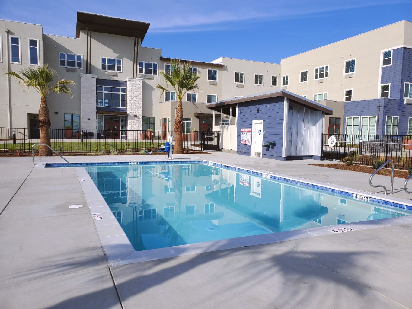 Commercial pool with bumped out steps for a senior living facility in Elk Grove, California.