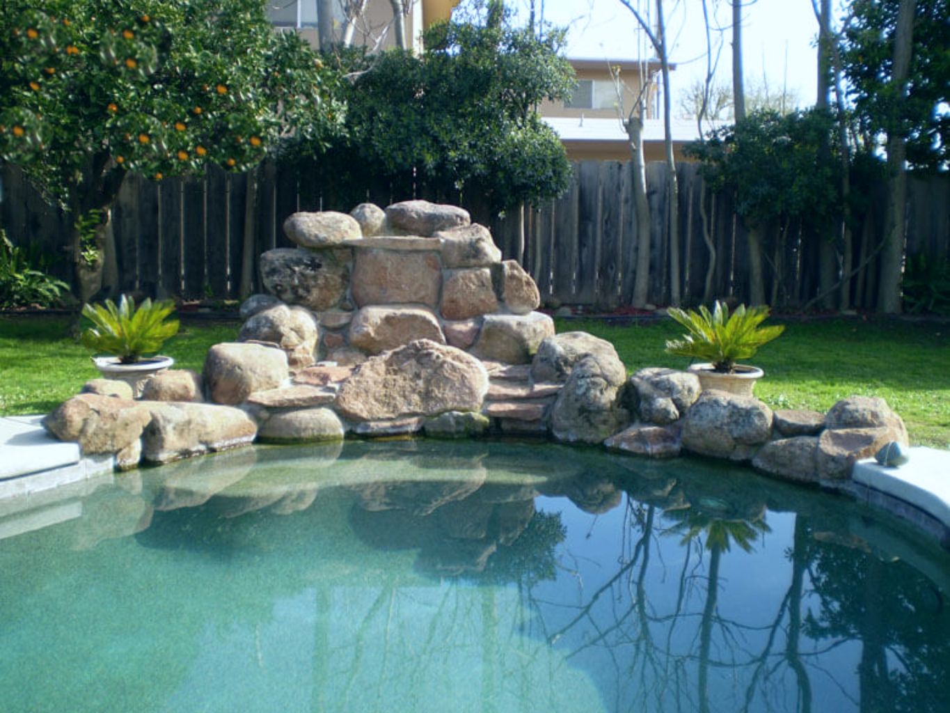 Rock waterfall for swimming pool.