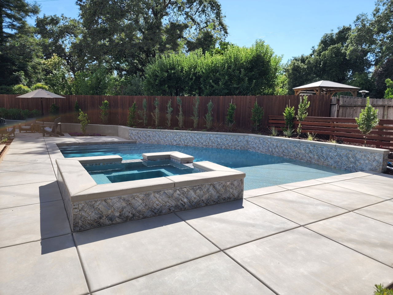 Custom rectangular pool with raised spa and stone coping