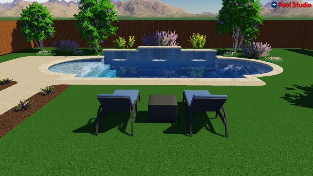 Finished Grecian pool with sheer descent, Cabo shelf, and landscaped yard
