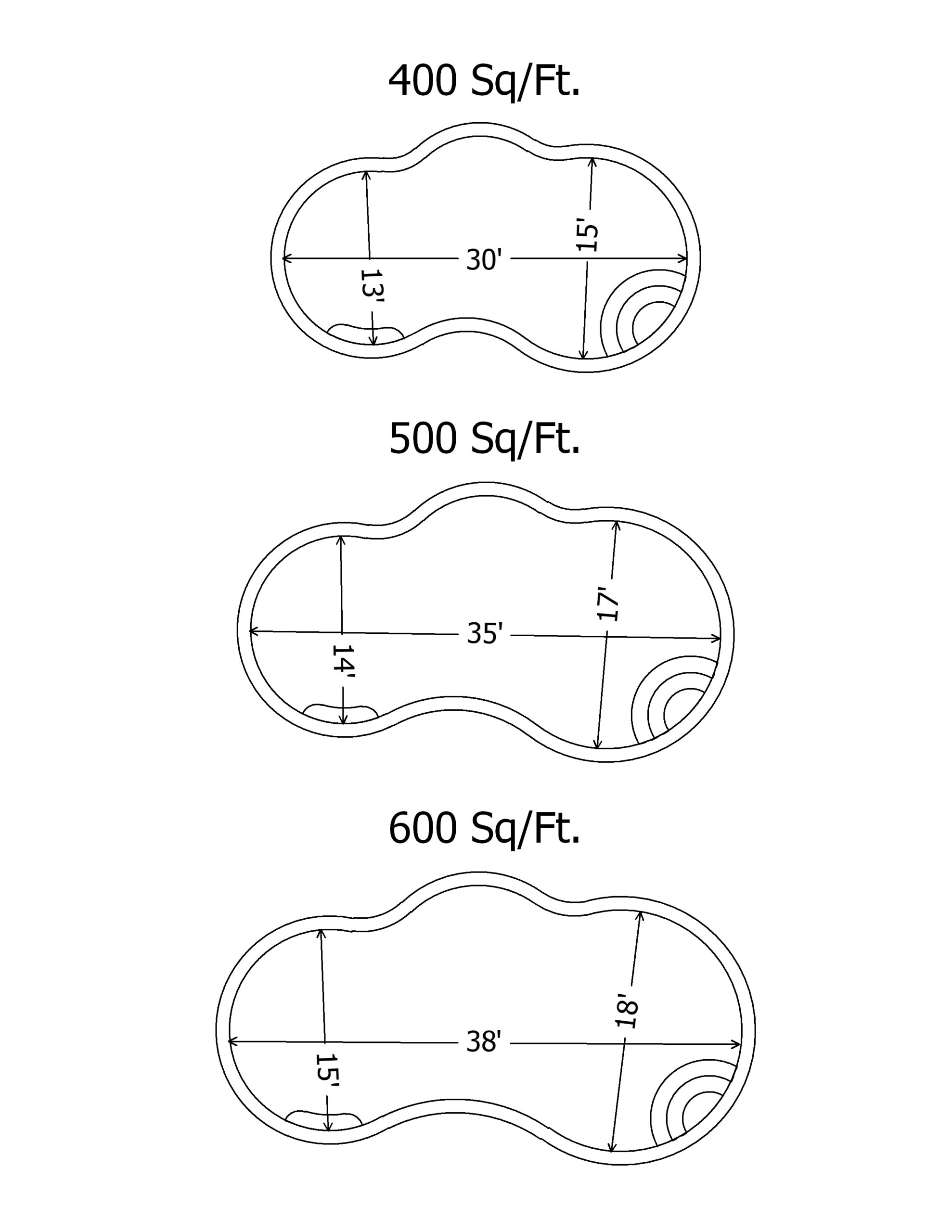 Dimensions for freeform shaped pools: 400, 500, and 600 square feet