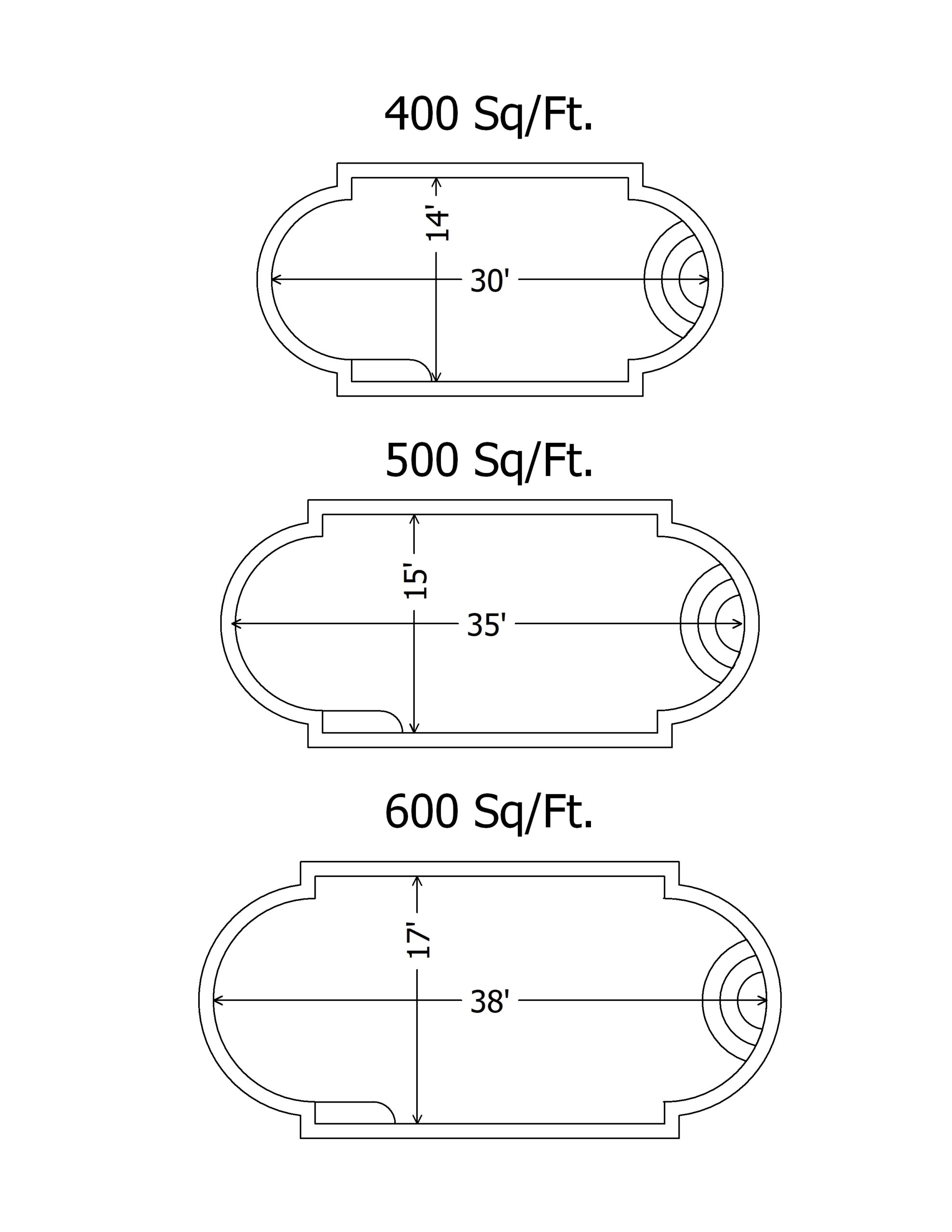 Approximate dimensions of 400, 500, and 600 square foot Grecian style pools