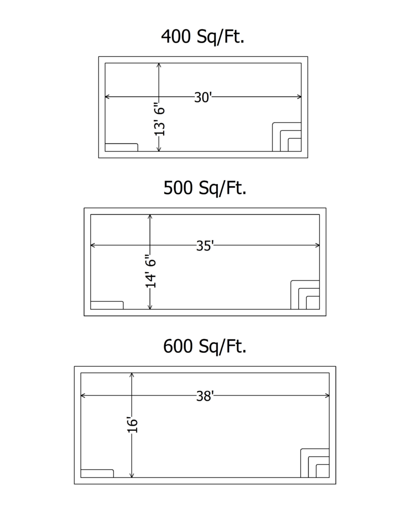 Dimensions for rectangular shaped pools: 400, 500, and 600 square feet