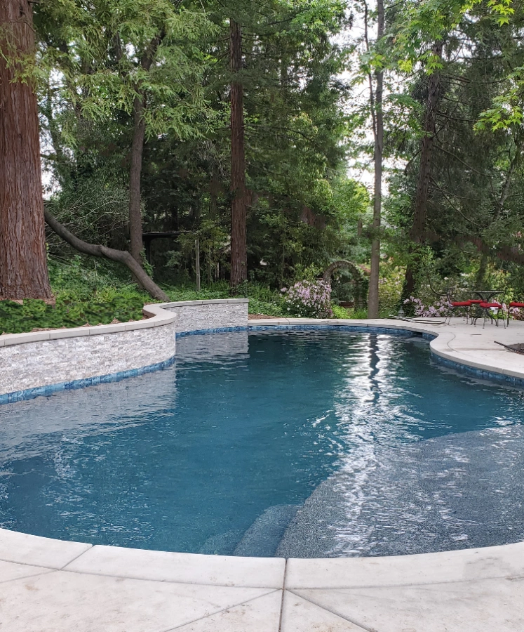 Custom rectangular pool with raised spa and stone surround set in a grass yard